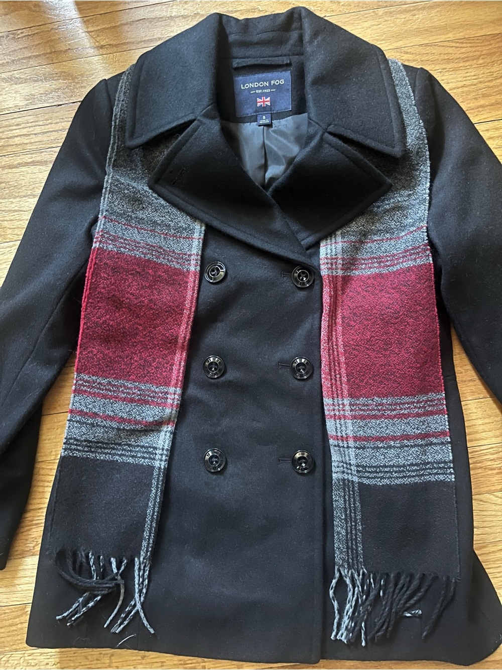 London Fog Black Double-Breasted Pea Coat with Red & Gray Plaid Scarf